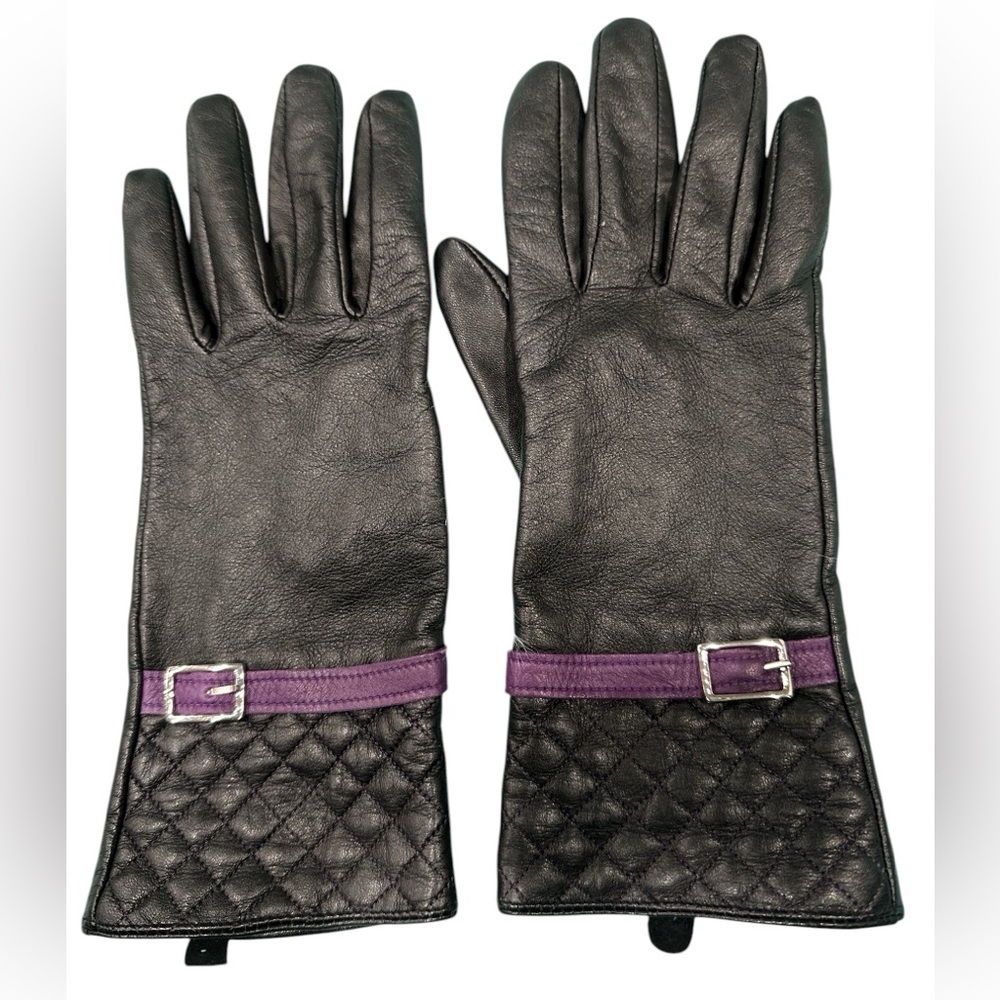 #470 Sophisticated Black Leather Gloves with Purple Trim
